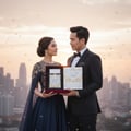 Pure Musk Lattafa perfume in gift box held couple outdoor cityscape sunset confetti
