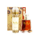 Botol Lattafa Raghba unisex EDP dalam pembungkusan dekat latar putih sudut sisi