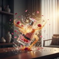 Lattafa Washwasha perfume bottle broken with flowers and water on low wooden table