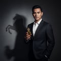 Man in suit holding Maahir Lattafa edp fragrance dark background confidently smiling