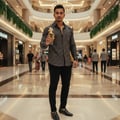 Man holding Maahir Lattafa edp shopping mall corridor surrounded people walking around