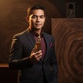 Man in suit holding Maahir Lattafa edp gold cap dark background