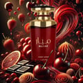 Mayar Cherry Intense Lattafa perfume red glass surrounded fruits chocolates closeup front