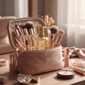 Mazaaji Lattafa edp gold keliling makeup brushes pink bag meja kayu dekat