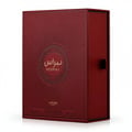 Nebras Lattafa edp red packaging white background closeup front side view