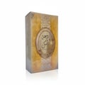 Lattafa rouat al musk perfume packaging in gold color close up view front side cornered