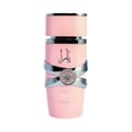 Yara Lattafa edp women pink fragrance sleek cylindrical glass packaging closeup view front side