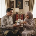 Man in traditional attire giving woman Musk Mood Lattafa unisex edp fragrance gift
