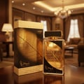 Najdia in Gold Lattafa edp botol & kotak mewah atas meja kayu