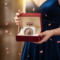 perempuan pegang Nebras Elixir Lattafa white gold rose kotak hadiah dekat kelopak