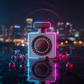Nebras Elixir Lattafa kotak putih perfume bandar gelap dikelilingi batu merah neon