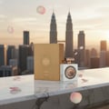 Nebras Elixir Lattafa pembungkusan putih classy meja marmar KL pemandangan matahari terbenam
