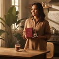 Woman holding Nebras Lattafa edp in kitchen near steaming cup coffee drink daily