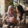 Two women smiling holding Now Women Rave Lattafa edp gift living room setting
