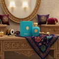 Opulent Dubai Lattafa perfume atas meja selendang biru aksesori emas mewah