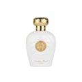 Opulent Musk Lattafa perfume putih botol penutup emas dekat depan sudut minimalis