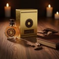 Oud Al Sahraa Lattafa bottle wooden table gold packaging surrounded candles
