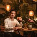 Man sitting at table holding drink next Oud Lail Maleki Lattafa unisex fragrance