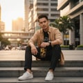 Man sitting on steps holding Oud Lail Maleki Lattafa fragrance city background casual
