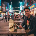 Man sitting table street night market Oud Mood Lattafa bottles displayed beside him