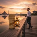 Oud Mood Lattafa perfume wooden railing sunset near mosque lake view Malaysia