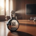 Fakhar Silver Lattafa edp men fragrance spraying wooden table office setting
