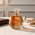 Botol Lattafa Raghba EDP atas meja marmar dekat buku coklat kain beige