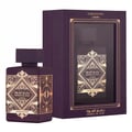 Badee Al Oud Amethyst Lattafa ungu emas perfume botol spray dekat depan