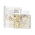 Pure Musk Lattafa edp bottles white gold packaging plain background closeup side angle