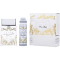 Pure Musk Lattafa edp bottles white gold packaging plain background closeup