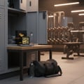 Qaed Al Fursan Lattafa men fragrance on gym locker room table beside bag bottles water