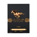 Qaed Al Fursan Lattafa packaging black background gold horse logo closeup front side label