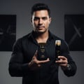 Lelaki pakai baju hitam tangan pegang botol Lattafa Raghba edp dekat depan