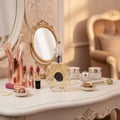 Lattafa Rouat Al Musk perfume glass bottle on white marble vanity table women's setting