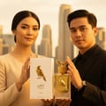 Man woman holding Shaheen Gold Lattafa unisex fragrance city skyline view closeup