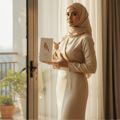 Woman in hijab holding Shaheen Gold Lattafa unisex fragrance packaging near window sill