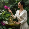 Woman in white dress holding flower next Shaheen Gold Lattafa unisex perfume bottles outdoors