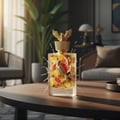 Shaheen Gold Lattafa unisex fragrance clear square glass on wooden table indoors Malaysia