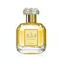 Sutoor Lattafa edp golden liquid clear glass perfume bottles closeup white background square cut