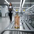 Teriaq Lattafa unisex edp perfume bottle rose gold airport chair closeup low angle shot