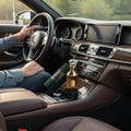 Lattafa Velvet Oud unisex perfume bottle on car console box closeup view from side seat angle low light