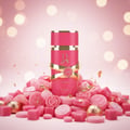Yara Candy Lattafa pink perfume bottles surrounded candies gold accents bokeh background closeup