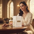 perempuan baju putih pegang Ajayeb Dubai Portrait Lattafa edp sebelah meja