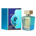 Lattafa Sheikh Al Shuyukh Supreme by Lattafa 100ml — A blue box with Arabic calligraphy and a portrait of a man in a headscarf is next to a clear glass perfume bottle with a gold textured cap and light green liquid. | Lattafa Sheikh Al Shuyukh Supreme by Lattafa 100ml — Kotak biru dengan kaligrafi Arab dan potret