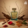 Lattafa Sheikh Al Shuyukh Supreme by Lattafa 100ml — A blue box with Arabic calligraphy and a portrait of a man in a headscarf is next to a clear glass perfume bottle with a gold textured cap and light green liquid. | Lattafa Sheikh Al Shuyukh Supreme by Lattafa 100ml — Kotak biru dengan kaligrafi Arab dan potret